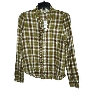 Loft Linen Blend Plaid Long Sleeve Ruffle Green Cream Blouse Top Size Small New